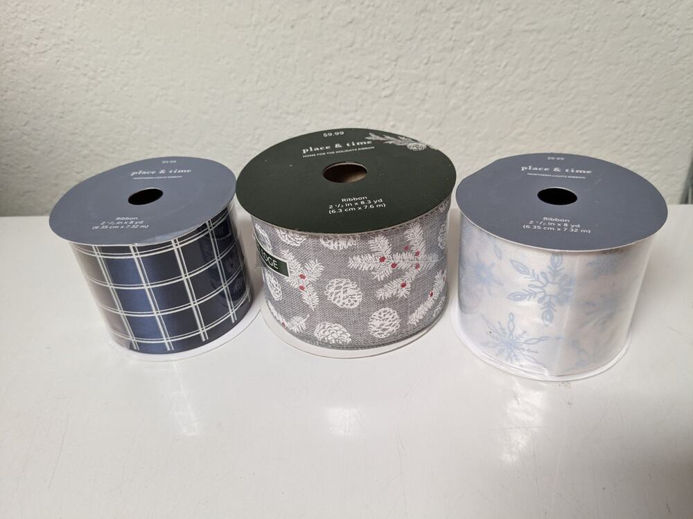 Place & Time Christmas holiday winter fabric ribbon set of 3 new spools